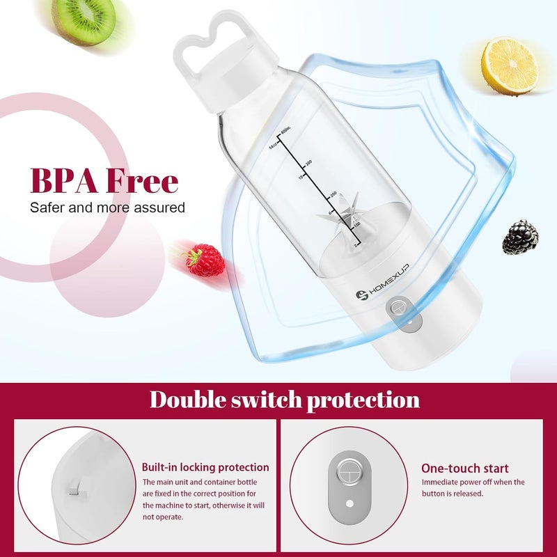HOMEXUP Portable Personal Blender 17 OZ/500 ML Juicer, 175W Personal Size Blender, Ideal for Smoothies, Ice Blending, Juicing, and Food Processing, Compact, Convenient, and Versatile (White) - Image 5